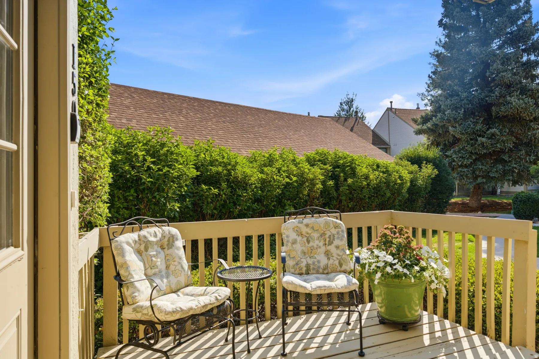 Wooden outdoor deck with a light-toned railing and privacy landscaping