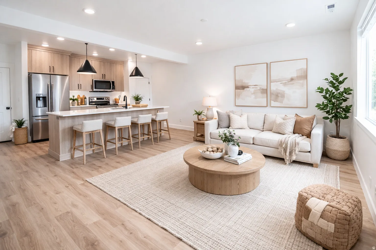 Open-concept living area featuring wood-finish flooring, a kitchen island with seating, stainless steel appliances, and recessed lighting