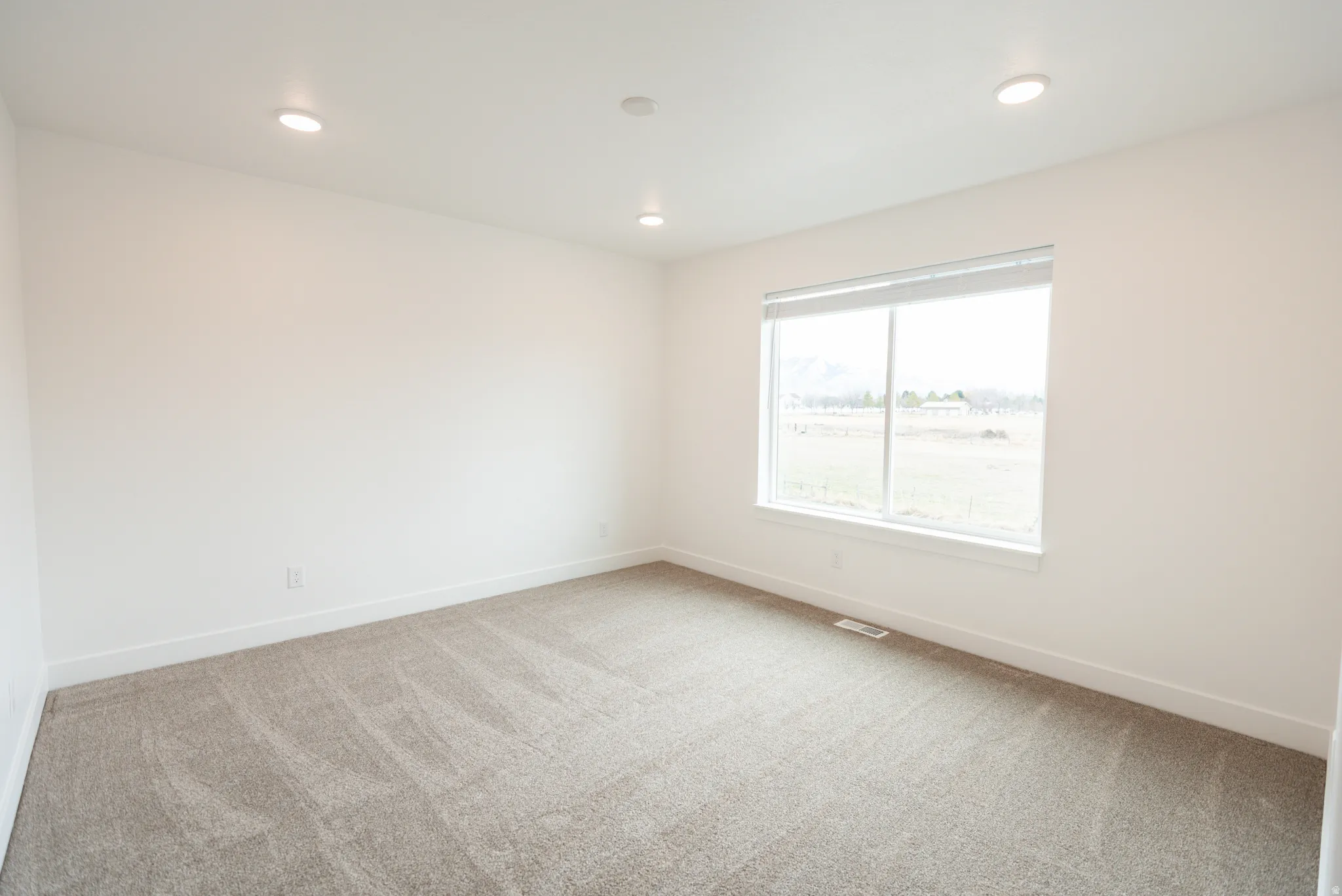 Recessed lighting, neutral wall finishes, wide window, and carpeted flooring