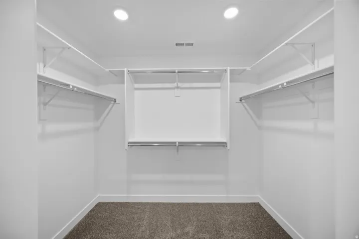 Recessed ceiling lighting, white walls, built-in shelving, chrome hanging rods, and carpeted flooring