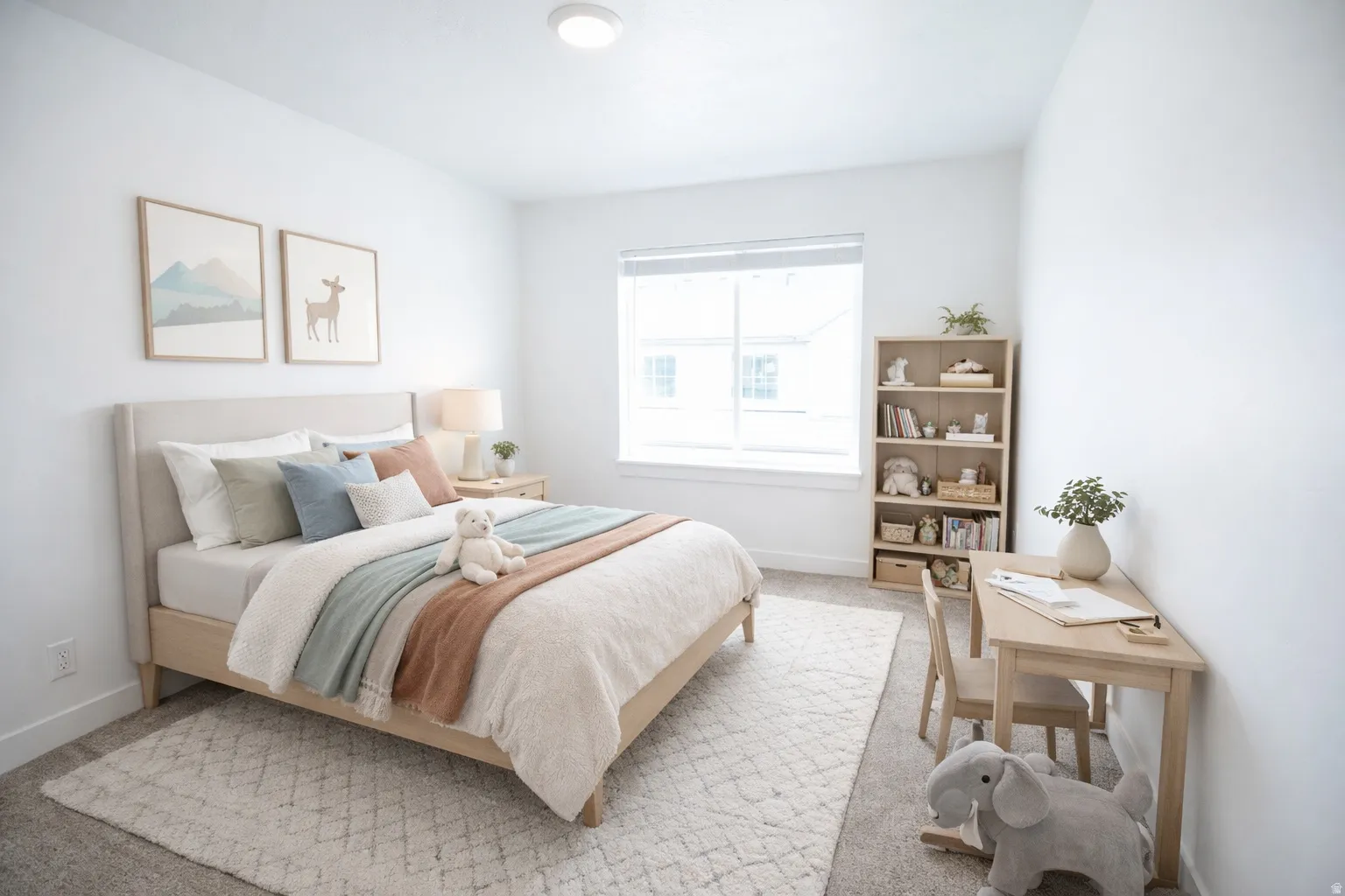 Neutral paint finishes complement window and ceiling lighting