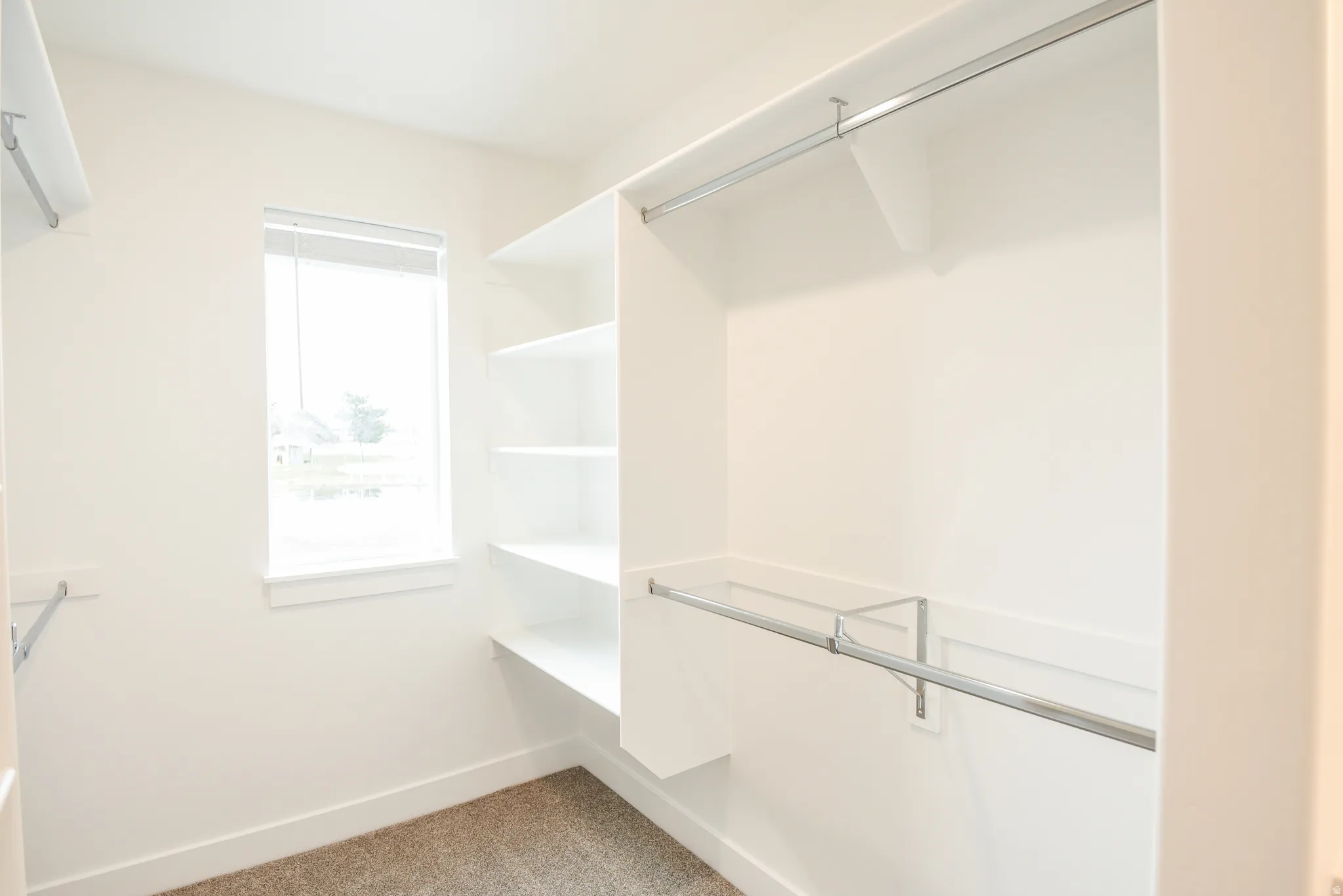 Built-in shelving, chrome hanging rods, and a window with blinds