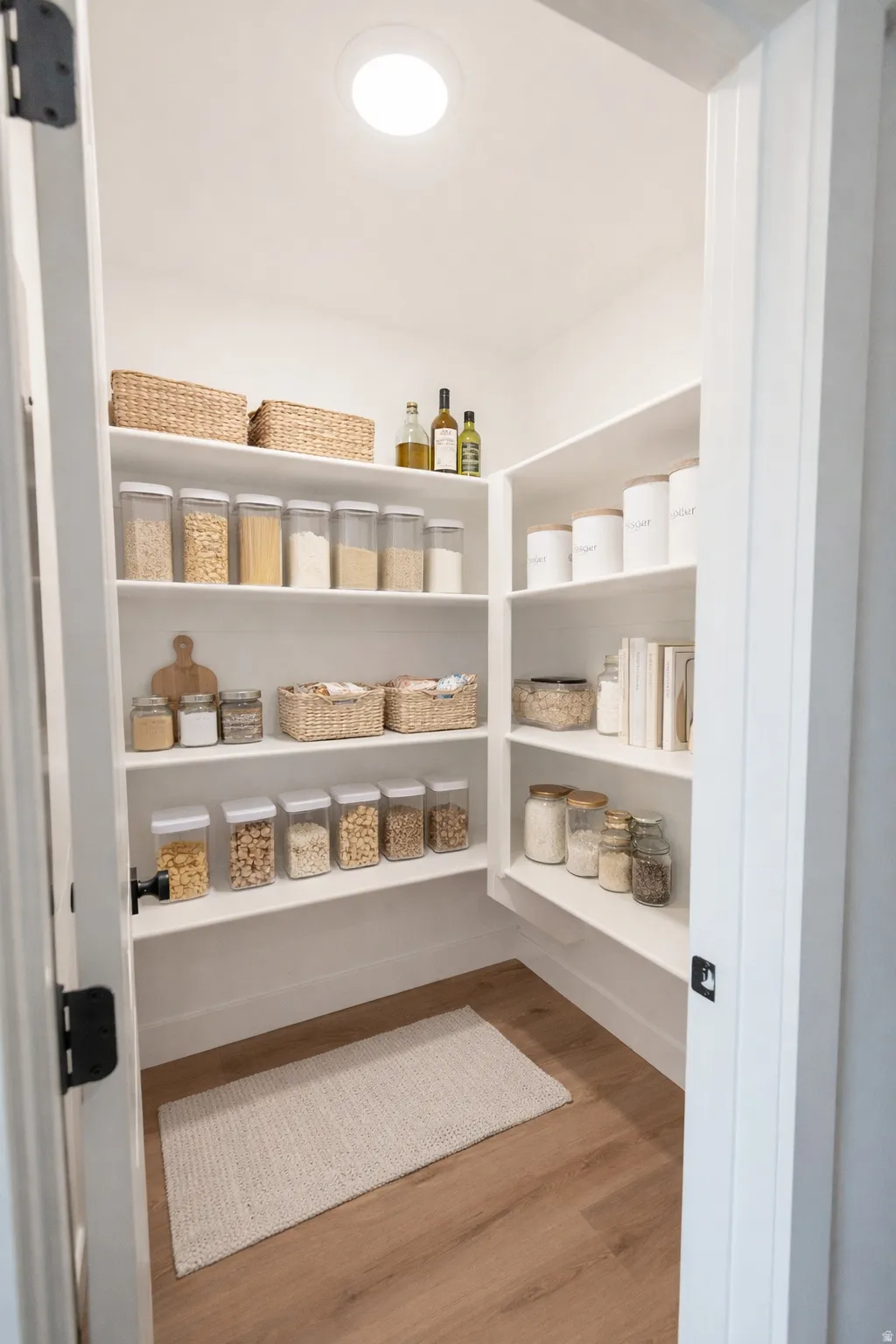 Built-in pantry shelving with wood-finish flooring and recessed ceiling lighting