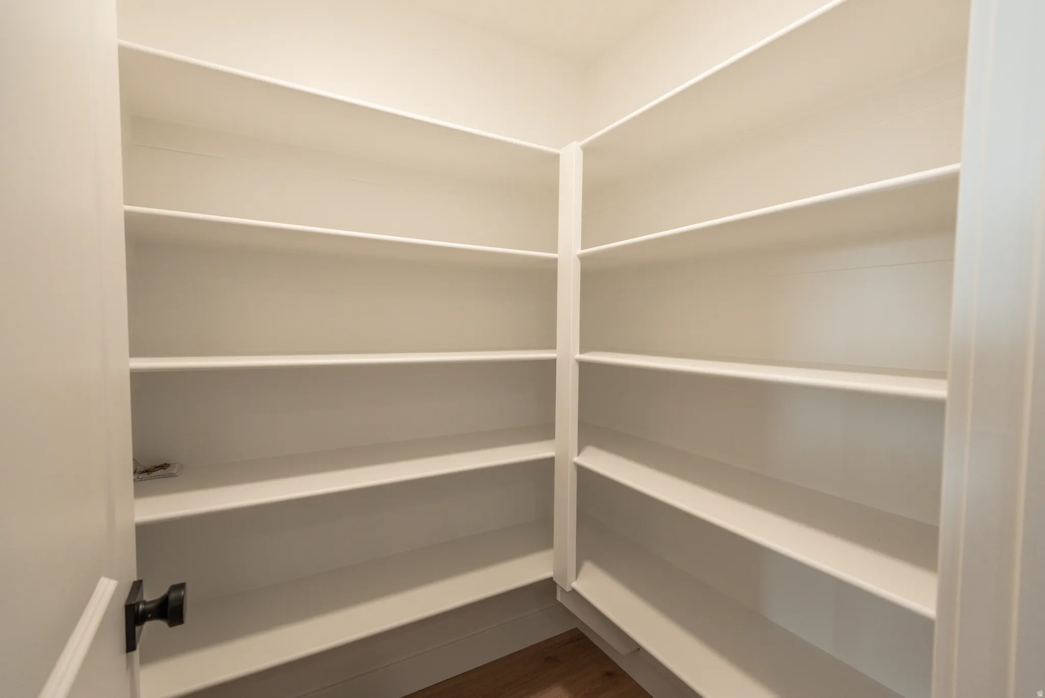 Built-in shelving with white finishes and wood-finish flooring