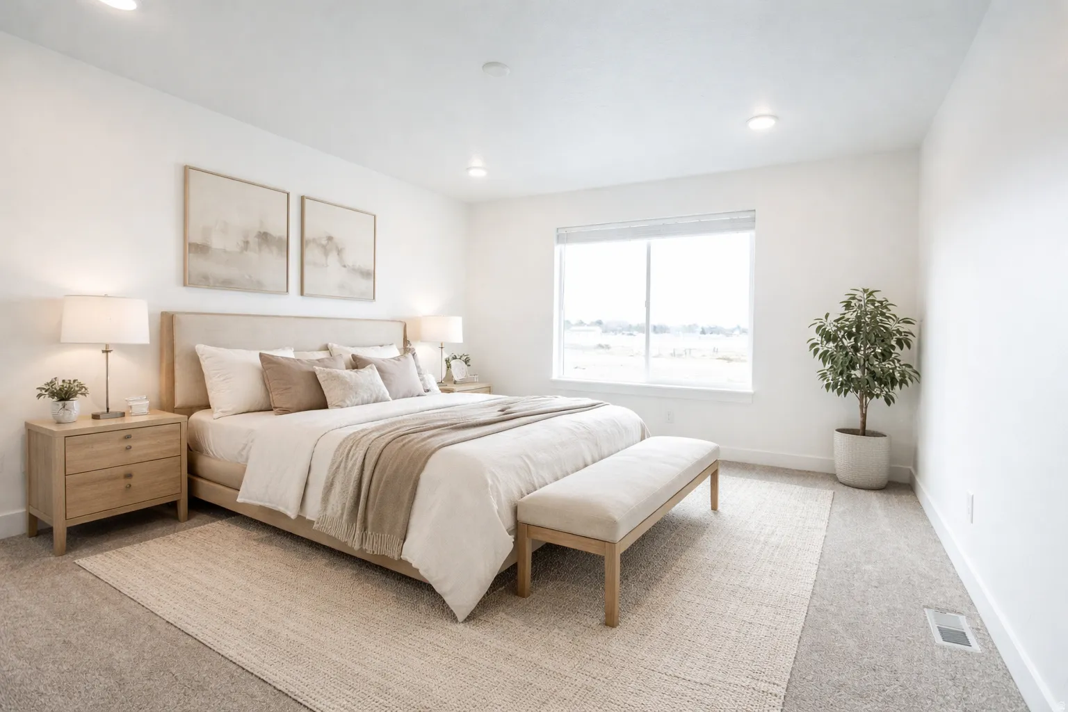 Spacious room featuring a large window, recessed lighting, and carpet flooring