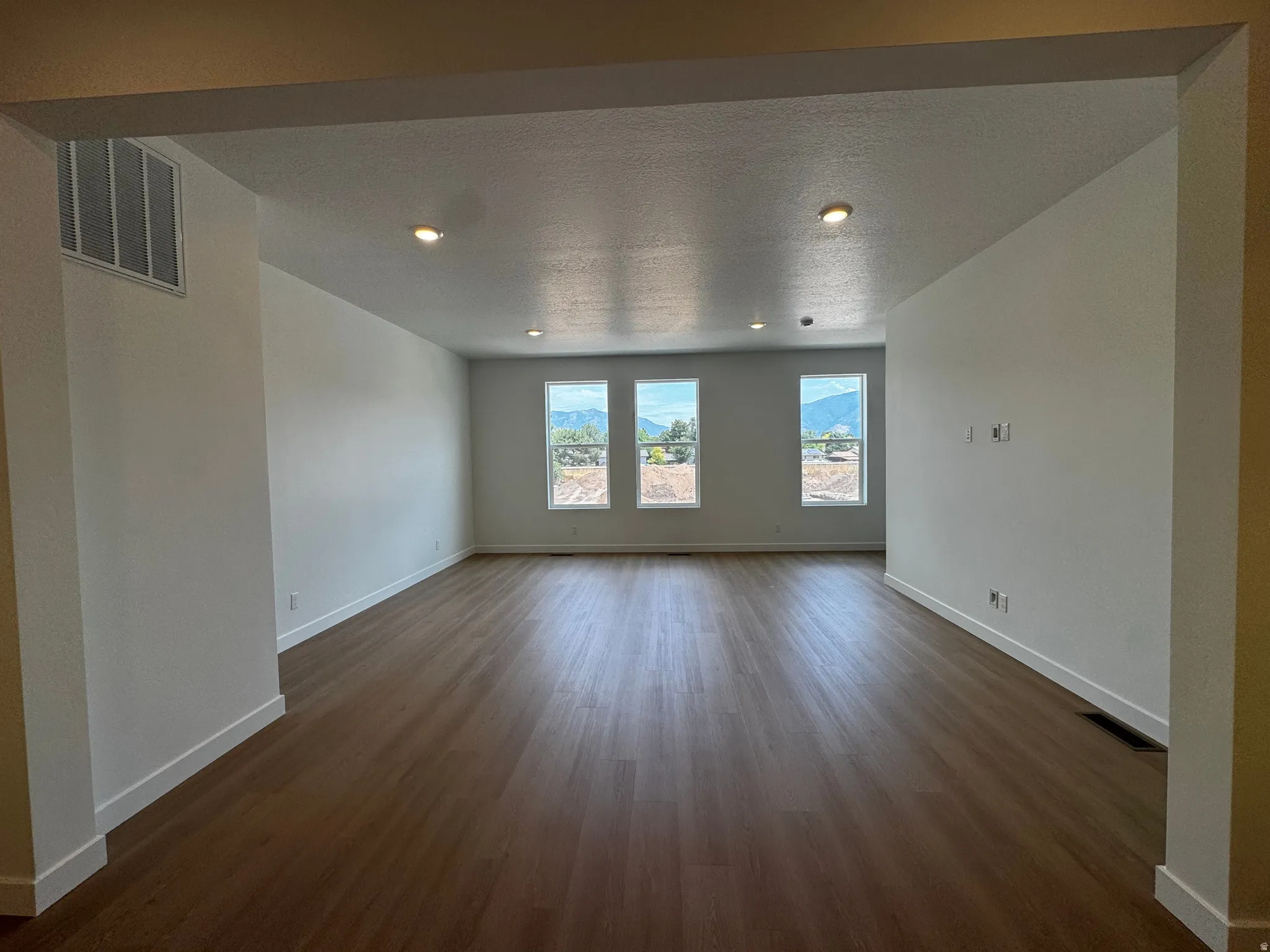 Spacious room featuring wood-finish flooring, recessed lighting, and three large windows