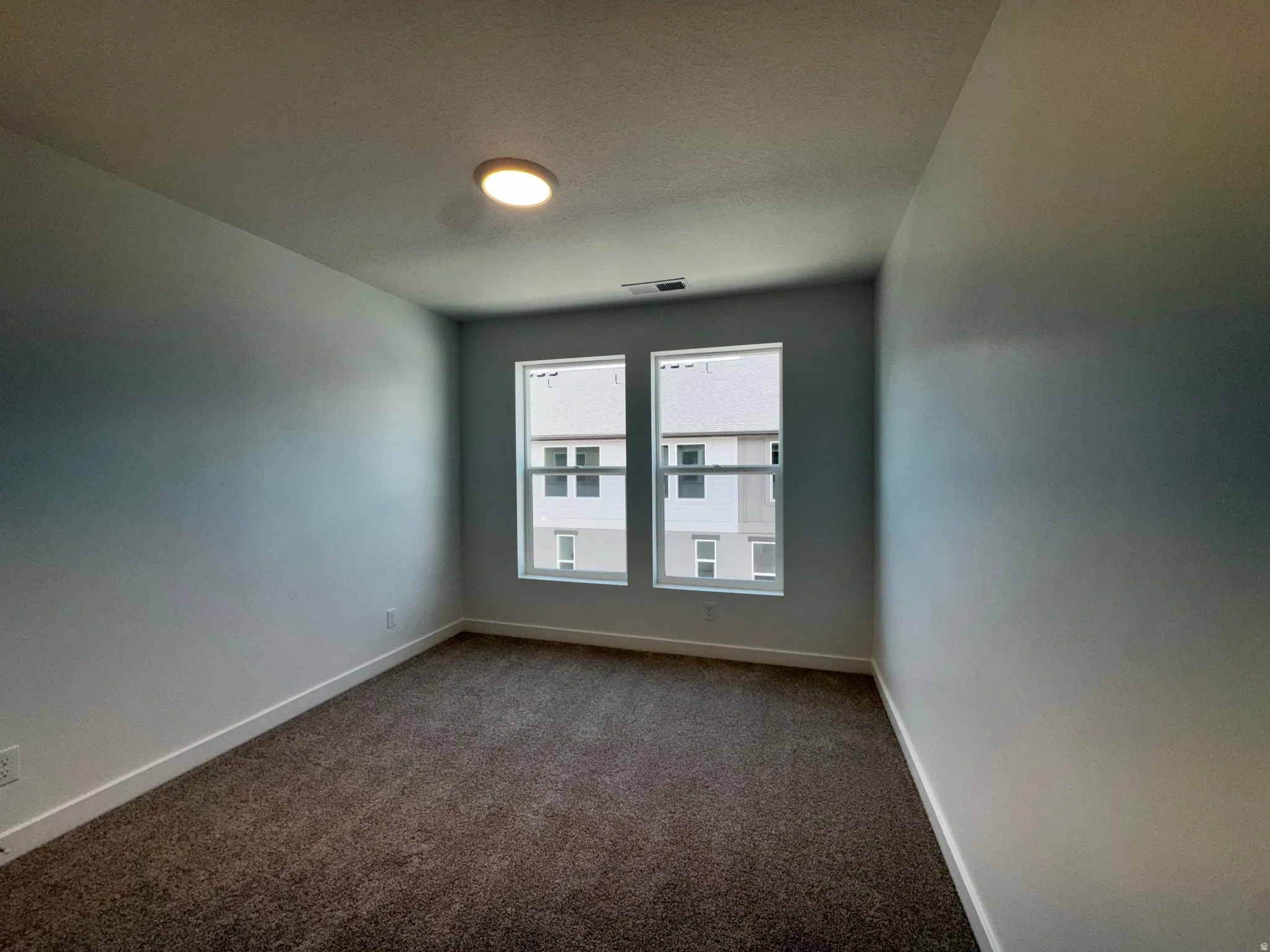 Recessed ceiling light fixture, twin windows, textured carpet, and neutral wall tones