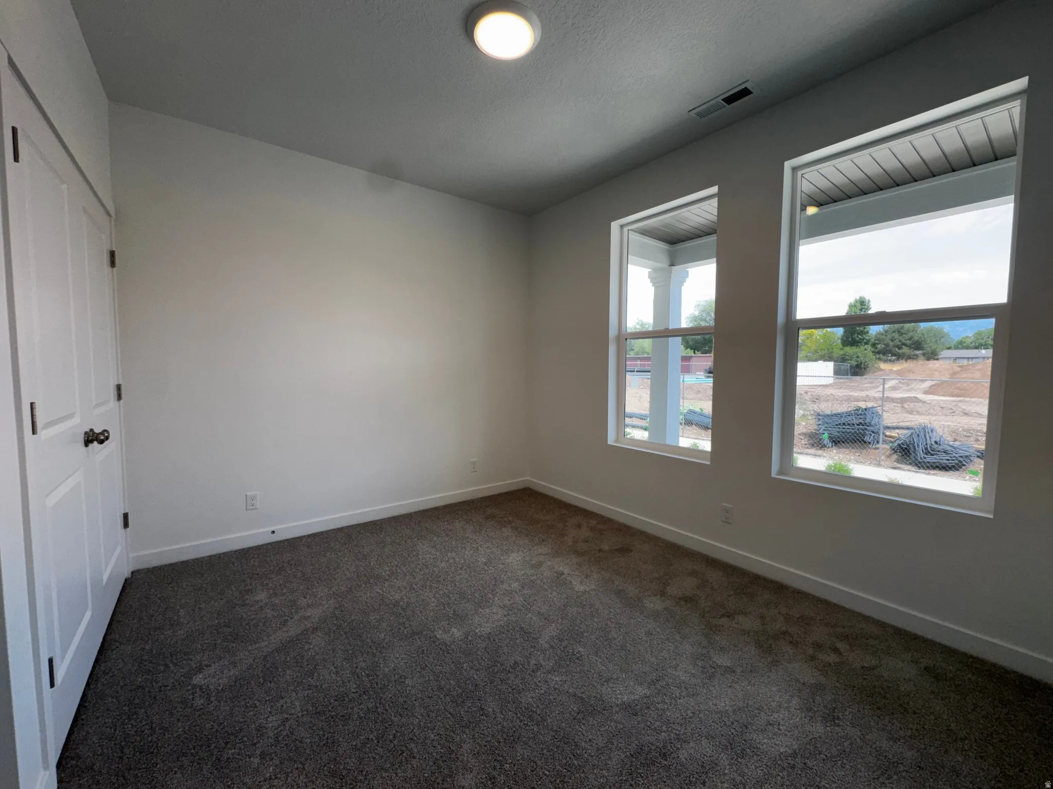 Two windows with white trim, dark carpet, white walls, and a white paneled door