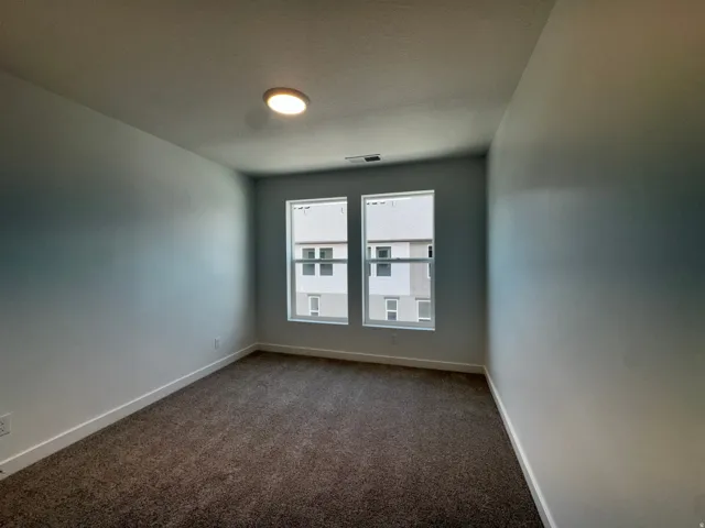 Recessed ceiling light fixture, twin windows, textured carpet, and neutral wall tones