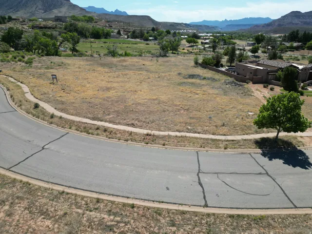 Expansive lot with paved road frontage, concrete sidewalk, and a prominent tree