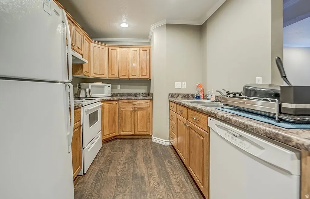 Kitchen with wood-finish flooring, light wood cabinetry, and a double basin sink