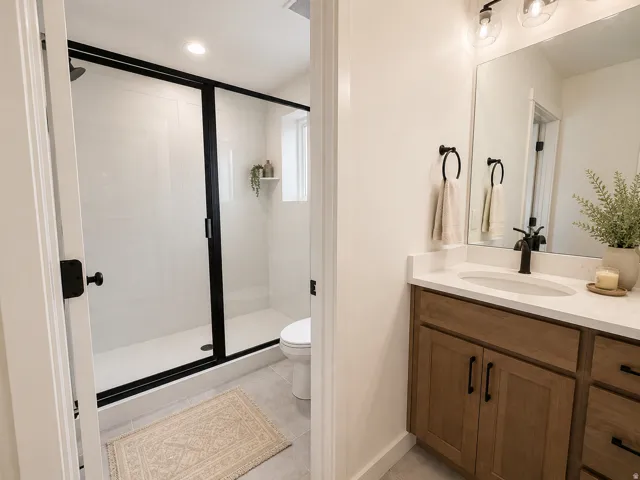 Full bathroom featuring a walk-in shower with black-framed glass enclosure, single vanity with wood-finish cabinetry, white countertop, and black fixtures