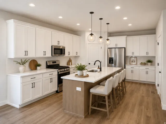 Well-appointed kitchen featuring white cabinetry, stainless steel appliances, a center island with seating, pendant lighting, and wood-finish flooring