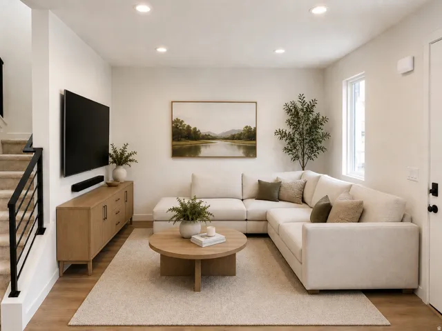 Recessed lighting, wood-finish flooring, a contemporary black metal stair railing, and a built-in media console