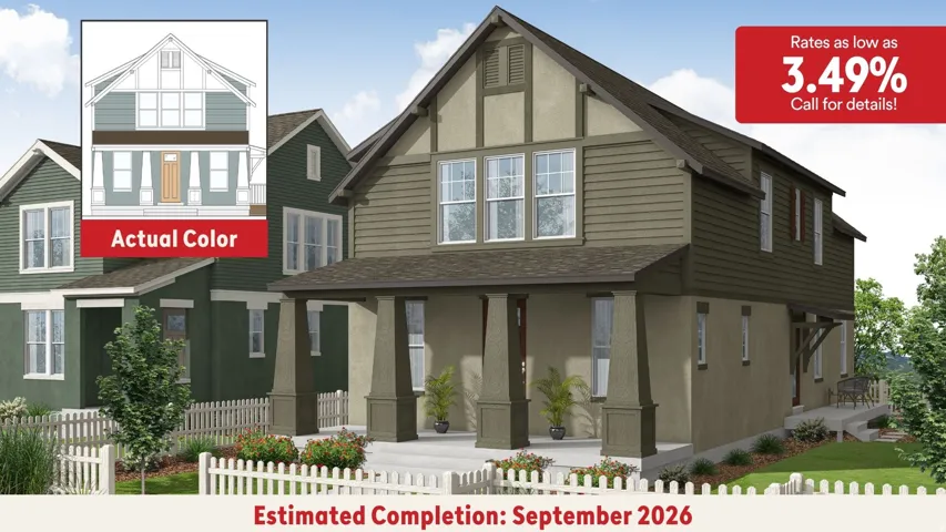 Promotional Material. Displaying a residential structure, color scheme, interest rate information, and estimated completion date for the property