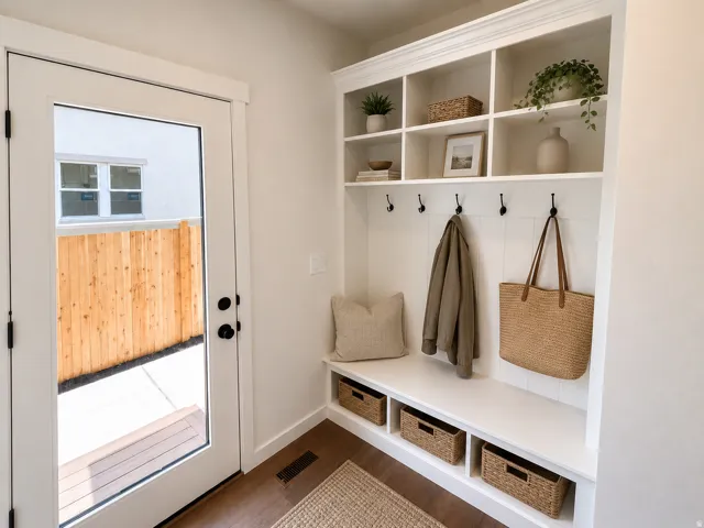 Built-in hall tree with open shelving and lower cubbies, paneling, and wall-mounted hooks