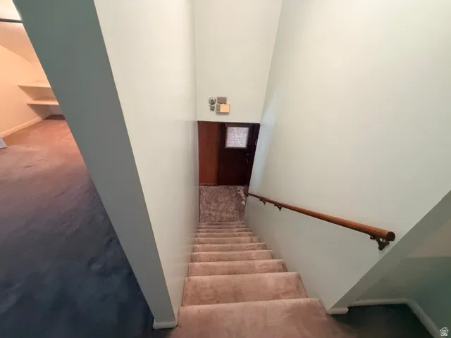 Carpeted staircase with a wood handrail leading to a lower level featuring built-in shelving and carpeted flooring.