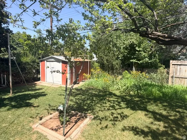 Expansive backyard featuring a red and white metal shed on a concrete pad, mature trees, and a wooden fence.