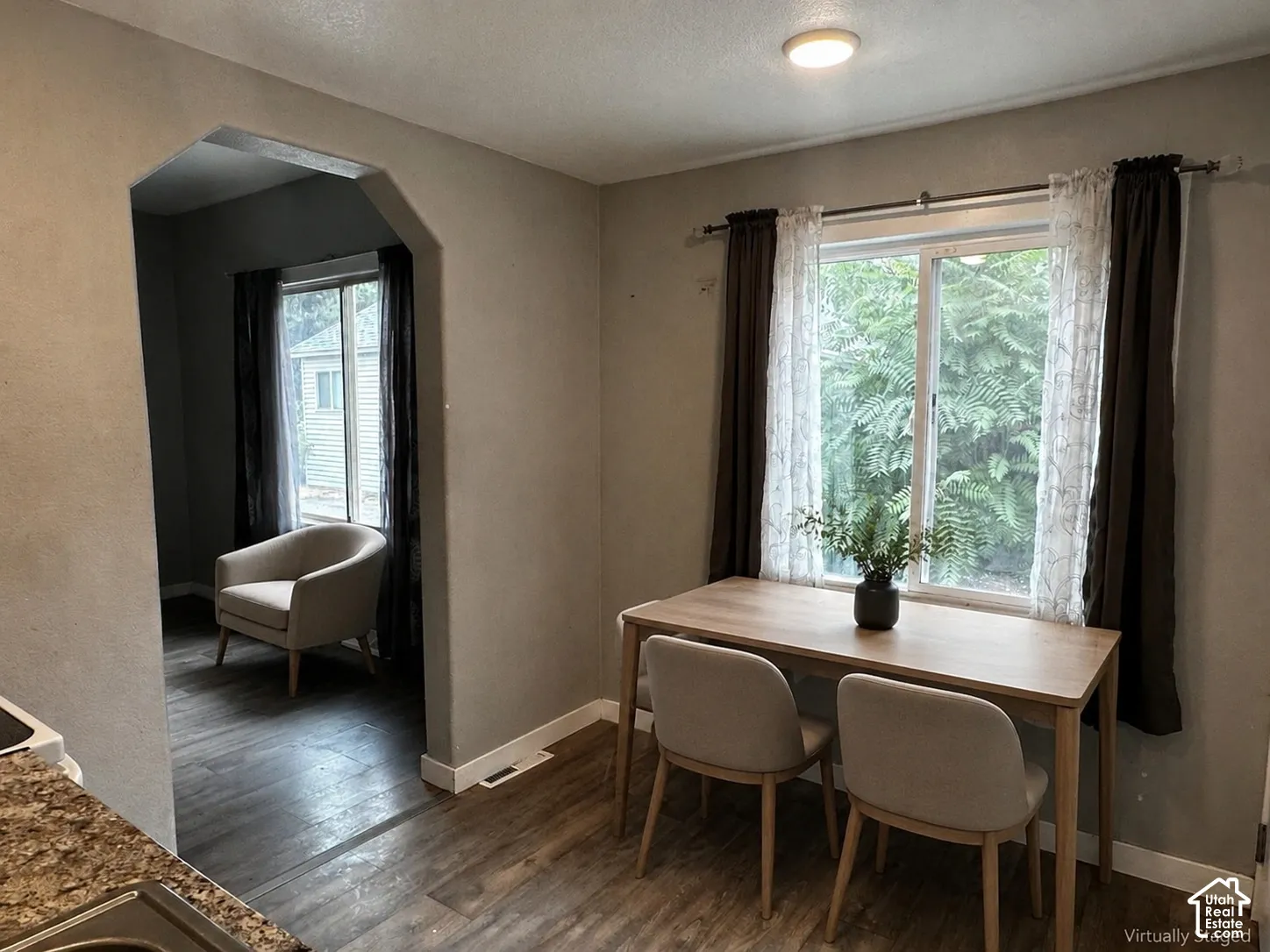 Archway entry to an additional space, wood-finish flooring, and a flush-mount ceiling light