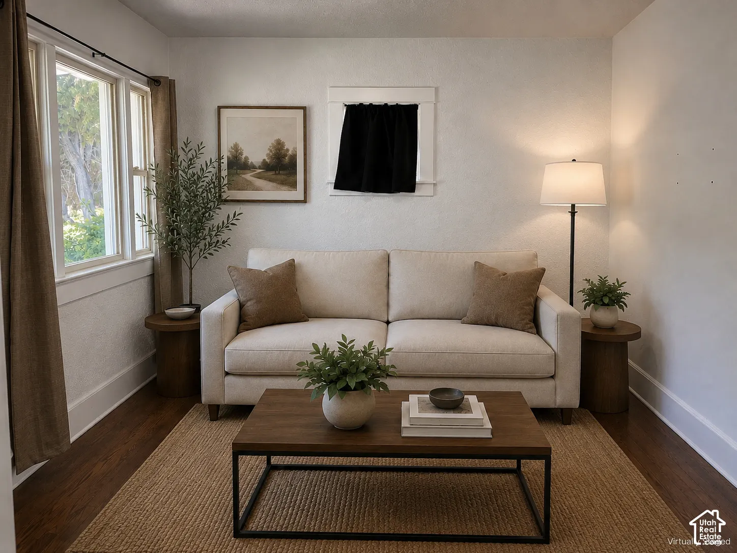 (Front Unit) Hardwood flooring, white walls, and a large window