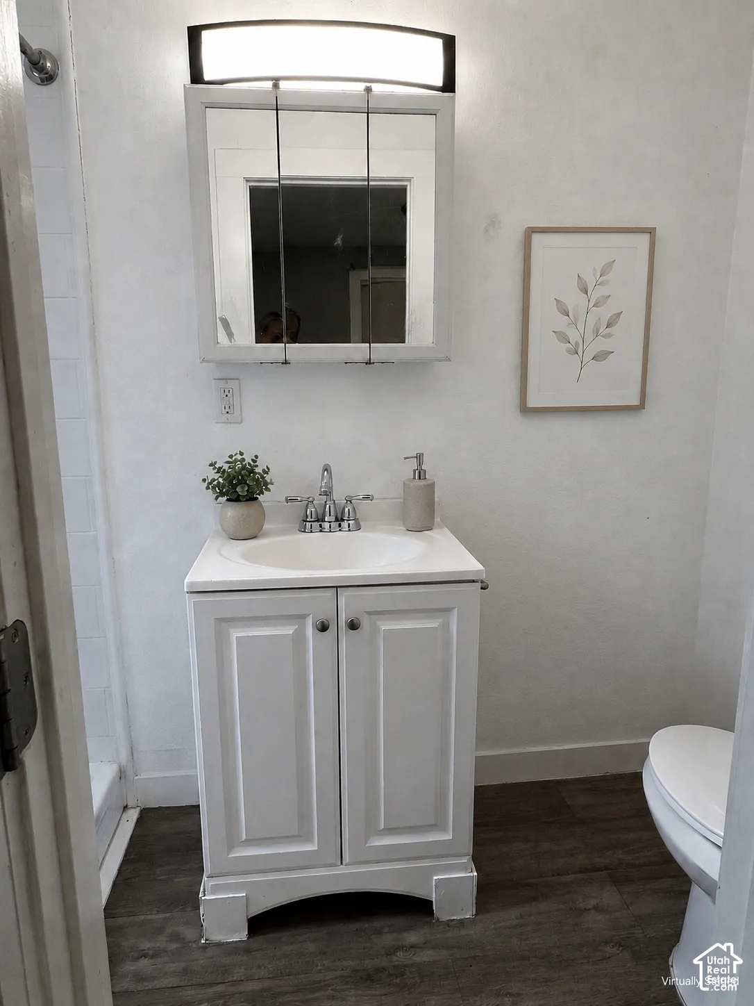 White vanity with a built-in sink, chrome faucet, medicine cabinet, and wood-finish flooring