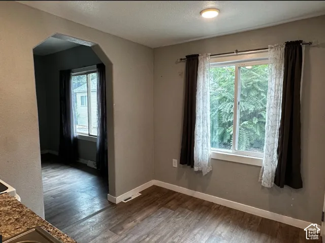 Wood-finish flooring throughout, featuring an arched doorway and built-in ceiling light