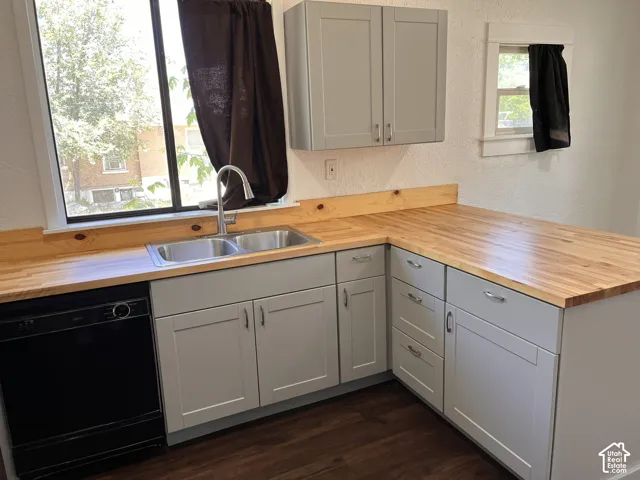 (Front Unit) Modern kitchen featuring white cabinetry with brushed nickel hardware, wood-finish countertops, stainless steel double-basin sink with chrome faucet, black dishwasher, and large windows providing natural light over the work surface