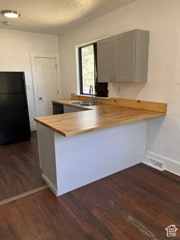 (Front Unit) U-shaped kitchen layout with wood-finish countertops, stainless steel sink, and gray upper cabinetry