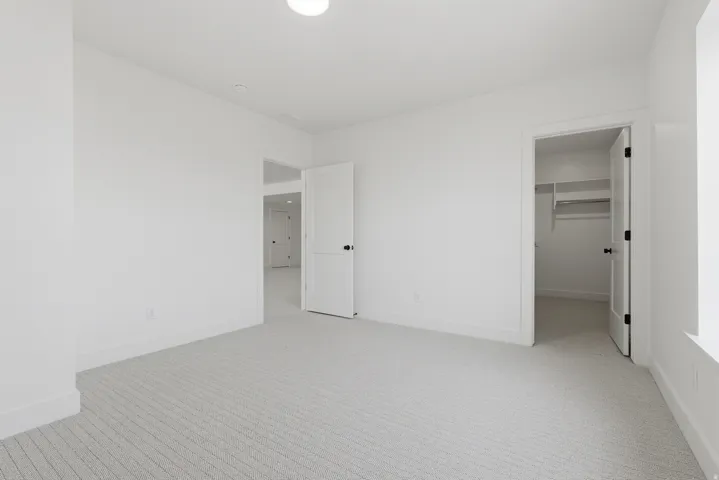 Neutral tone wall paint, light-colored patterned carpet, white trim throughout, solid panel doors with matte black hardware, and an integrated closet system with shelving