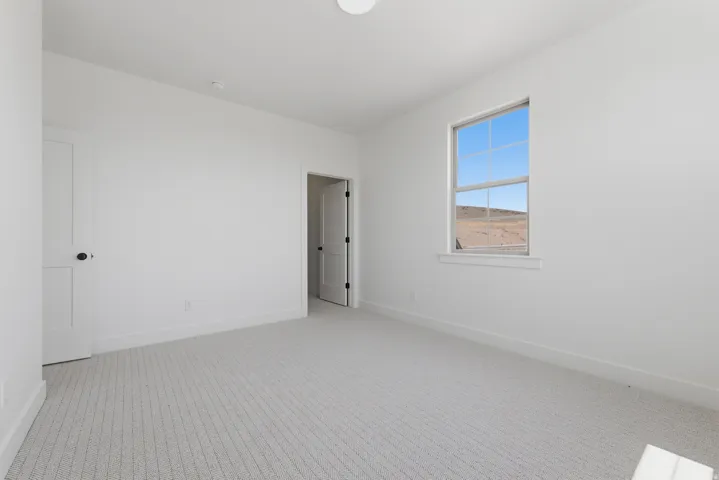 Light gray patterned carpet, white walls, and a window with a distant landscape