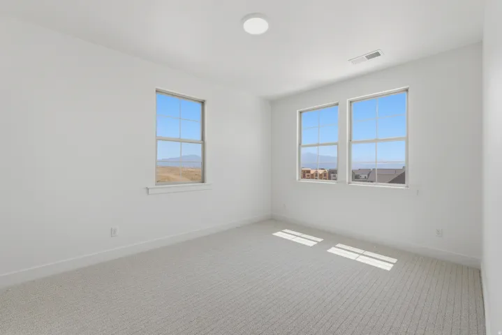 Bright room featuring multiple windows with clean white trim, light-colored carpeting, and a flush-mount ceiling light fixture