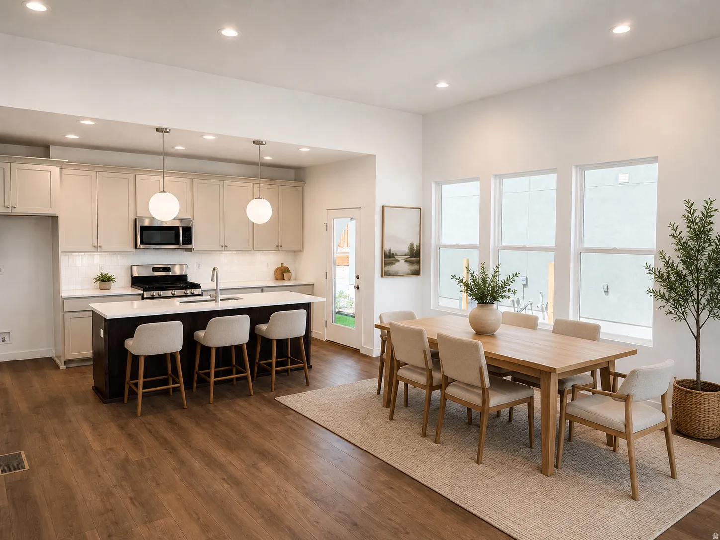 Open-concept living area with wood-finish flooring, recessed lighting, and a kitchen island featuring a stainless steel sink