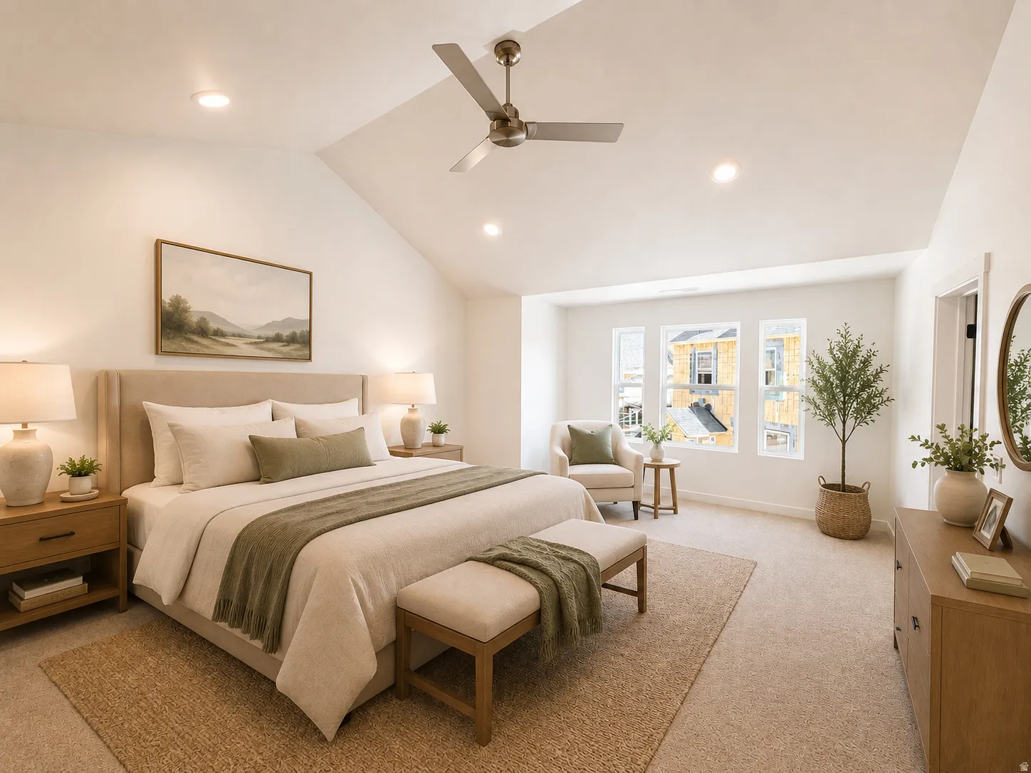 Vaulted ceiling with a ceiling fan, recessed lighting, and multiple windows