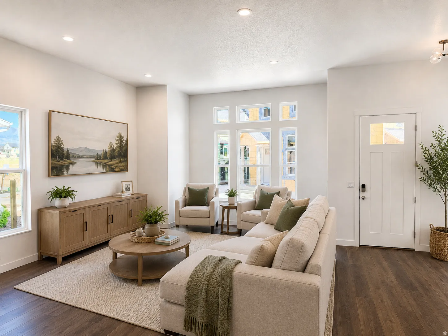 Open-concept living area featuring dark wood-finish flooring, recessed lighting, and expansive windows
