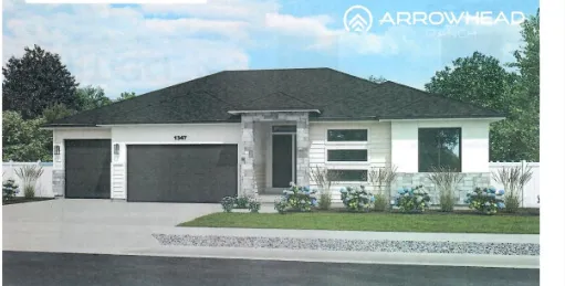 Architectural Rendering. Illustrating the exterior facade and landscape elements of the property