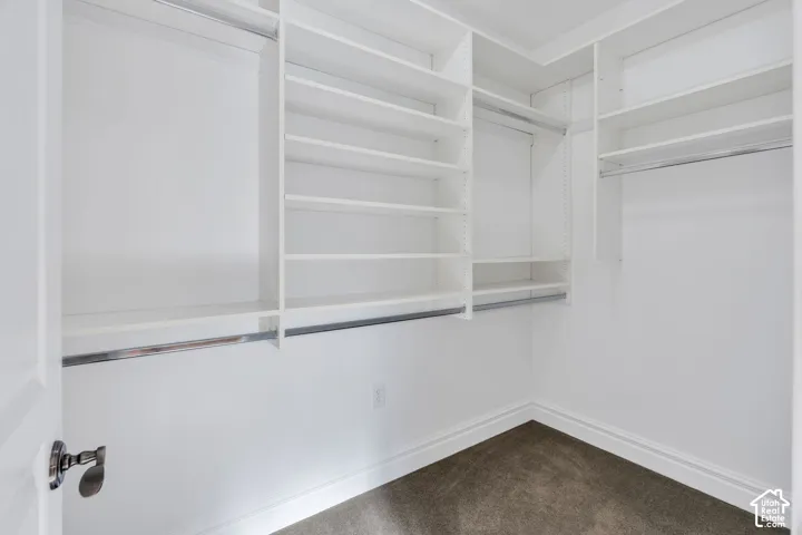 Built-in white shelving, integrated hanging rods, and carpeted flooring
