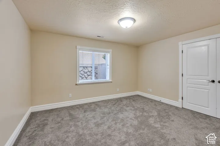 Neutral-toned walls, grey carpet flooring, white trim, recessed window with blinds, and white panel doors