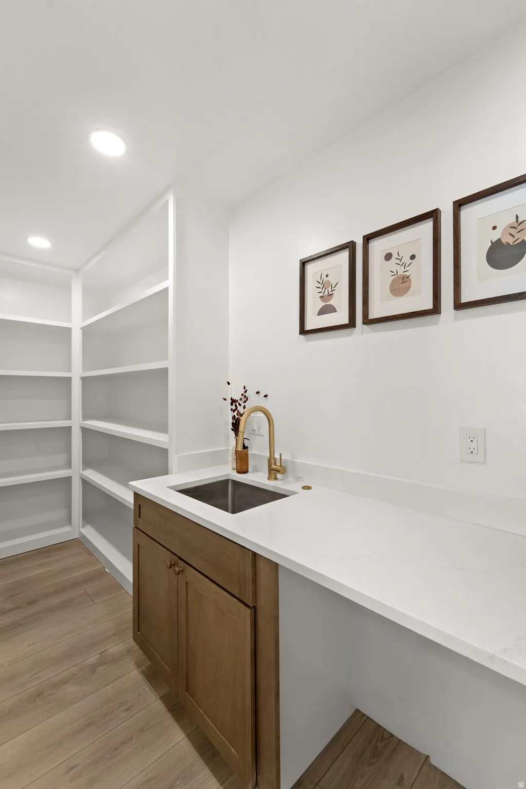 Built-in shelving, wood-finish flooring, undermount sink with gooseneck faucet, light-toned countertop, and recessed lighting