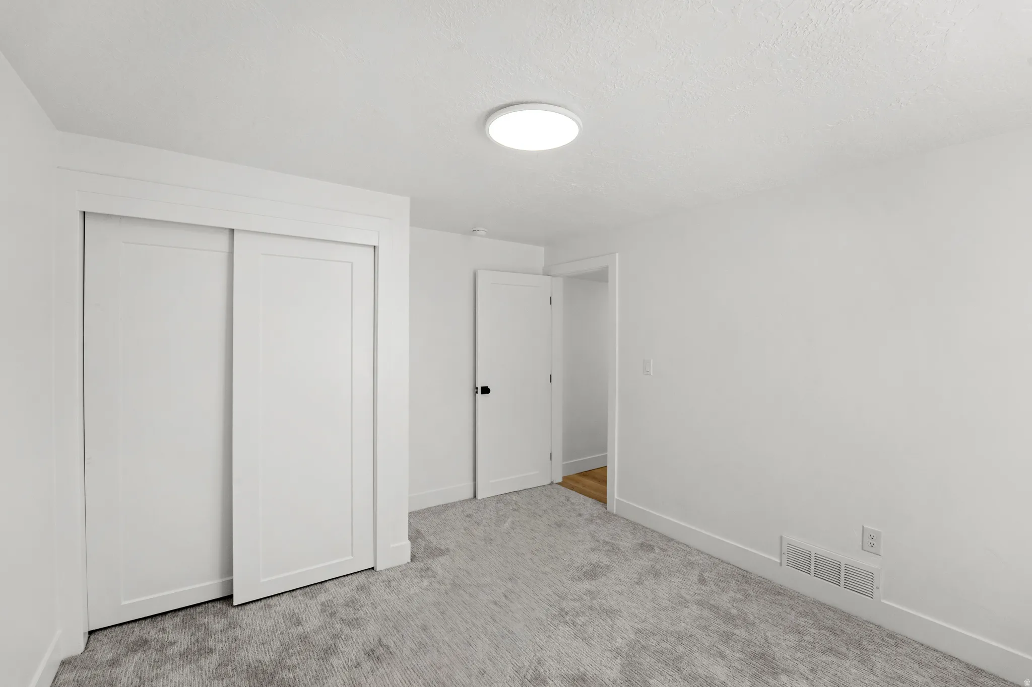 Recessed sliding closet doors, wall-to-wall carpeting, and flush mount ceiling light fixture