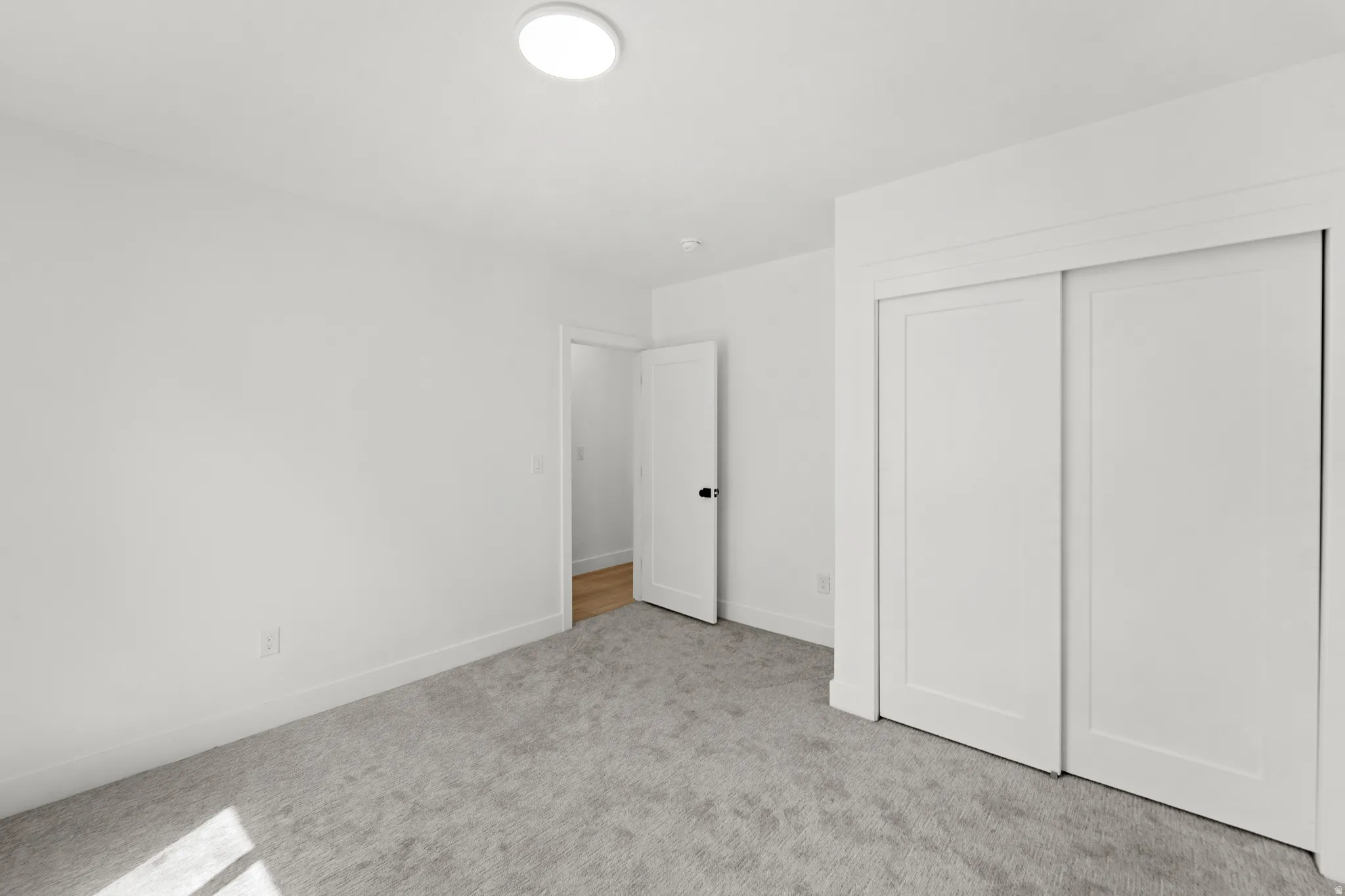Plush carpeting, crisp white walls, and a recessed ceiling light