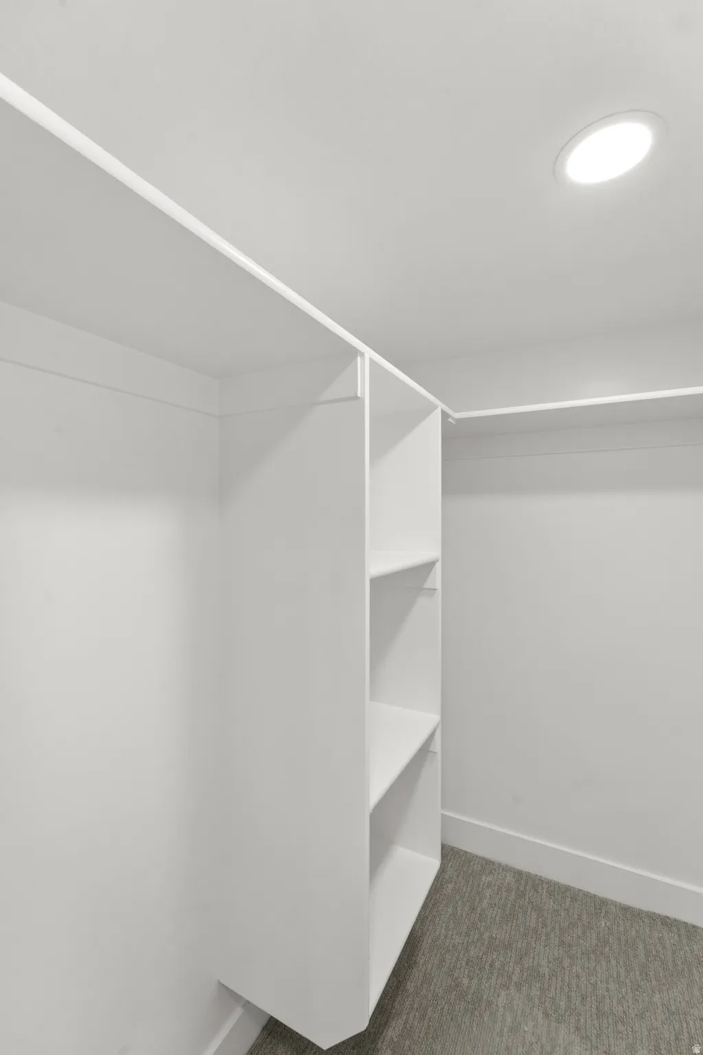 Built-in shelving, white walls, recessed ceiling light, and carpet flooring