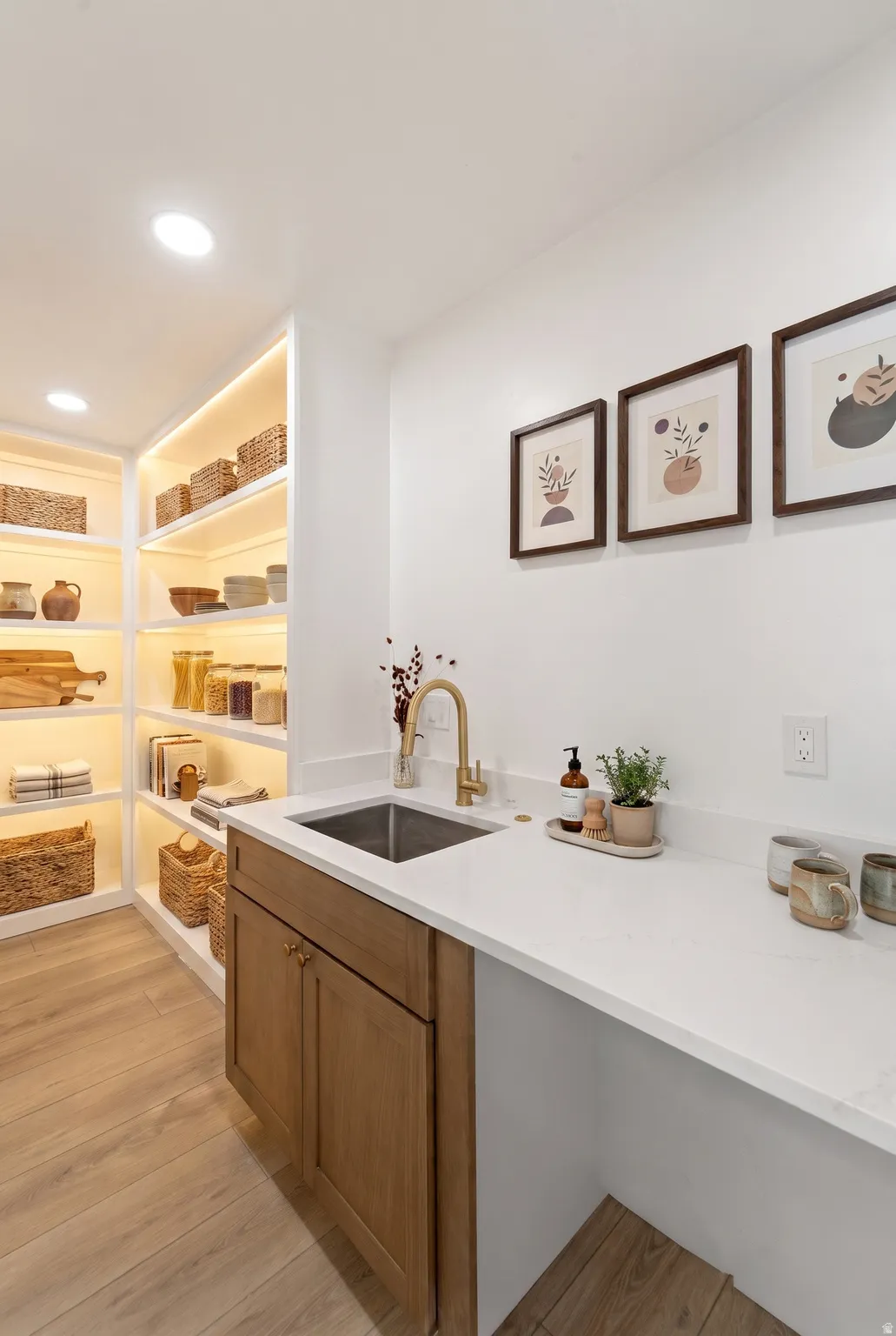 Custom built-in shelving with integrated lighting, wood-finish flooring, undermount sink with gold-tone faucet, wood-finish cabinetry, and solid surface countertop