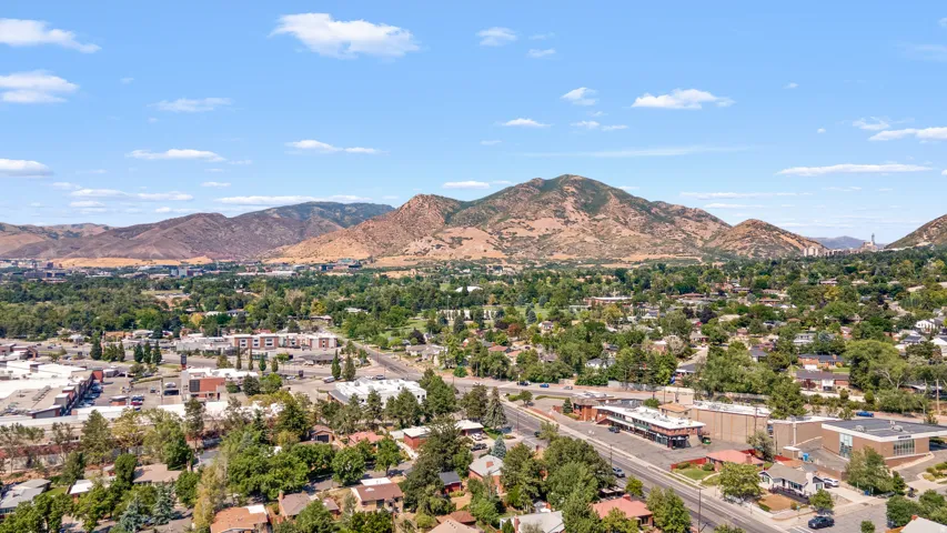 Urban landscape with a mountainous backdrop, extensive tree canopy, and residential areas