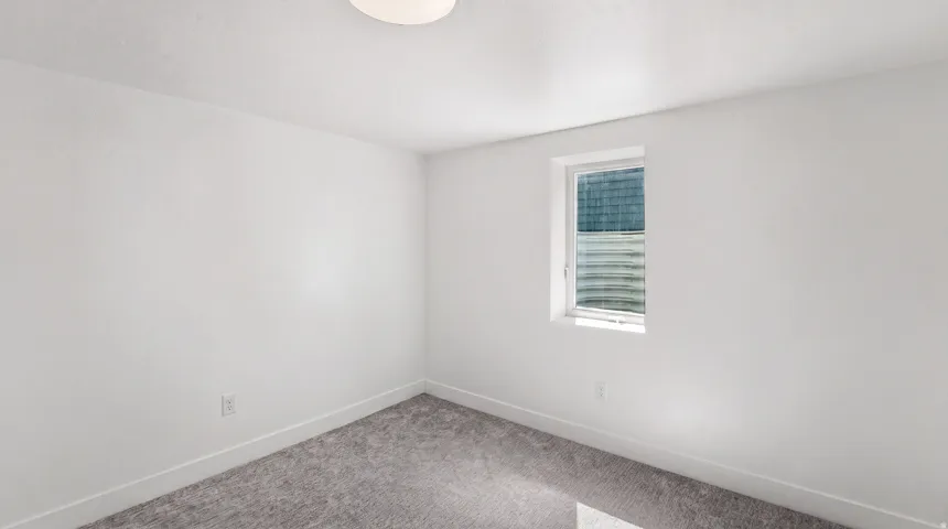 White painted walls with a single window, overhead flush-mount lighting, and gray carpet flooring