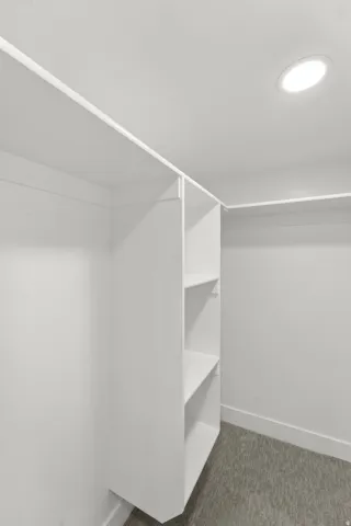 Built-in shelving, white walls, recessed ceiling light, and carpet flooring