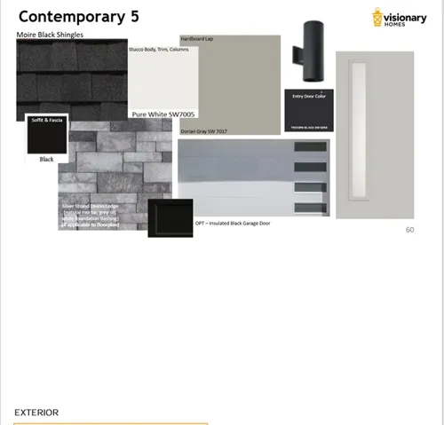 Design Specification Sheet. Detailing exterior material and color selections for the property