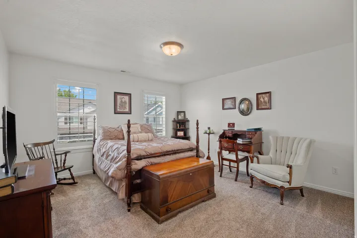 White painted walls with two windows, a ceiling-mounted light fixture, and carpeted flooring