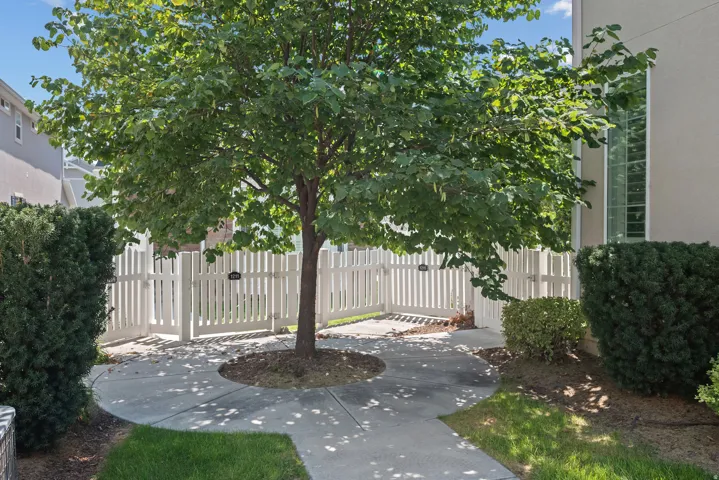 Private outdoor space featuring a mature tree, paved pathway, and white picket fencing