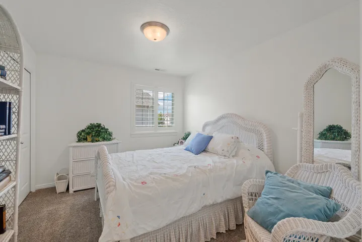 White wall paint, window with white shutters, ceiling-mounted light fixture, and carpeted flooring