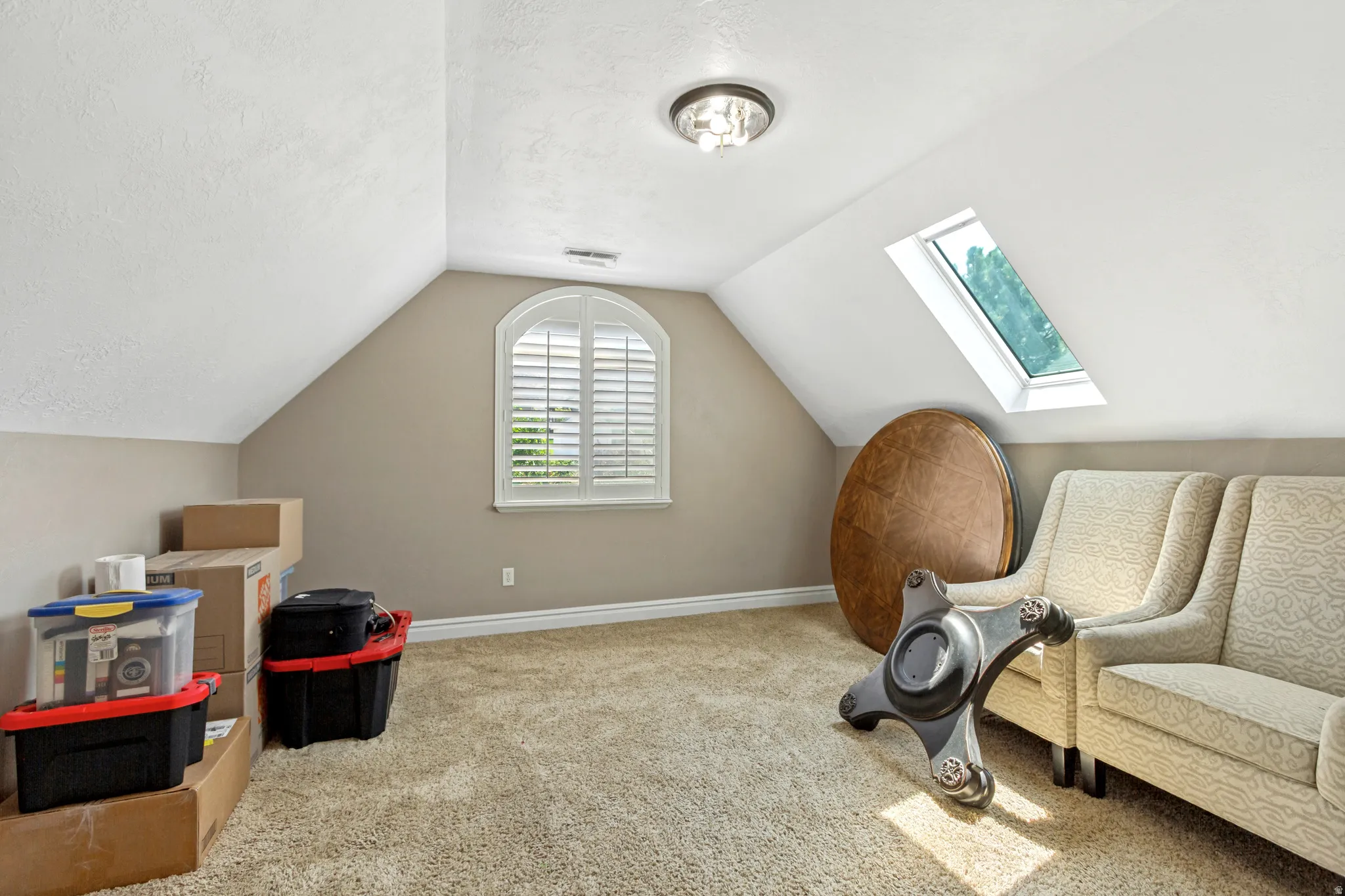 Vaulted ceiling room featuring a skylight, arched window with plantation shutters, flush-mount ceiling light, and carpeted flooring